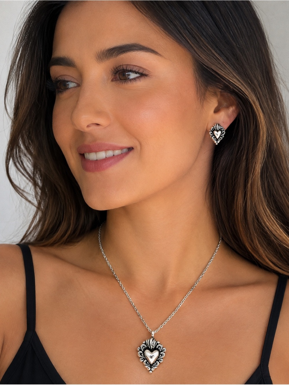 925 Sterling-Style Silver Heart Pendant & Stud Earring Set